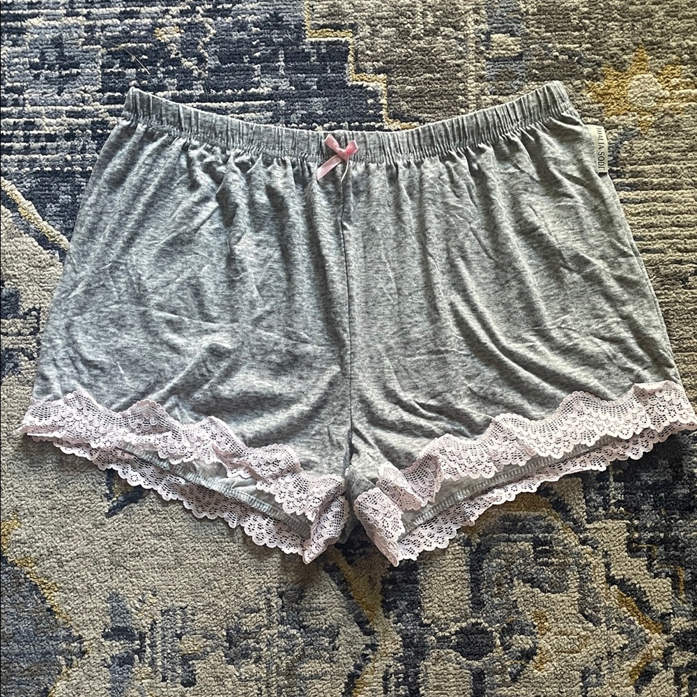 Thalia Sodi Gray Lounge Shorts with Pink Lace Trim